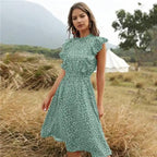 New Summer Dot Print Dress Women Casual Butterfly Sleeve Ruffles Medium Long Chiffon Dress - Summer Fashion Dresses Stevvex