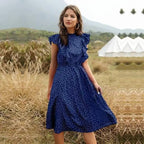 New Summer Dot Print Dress Women Casual Butterfly Sleeve Ruffles Medium Long Chiffon Dress - Summer Fashion Dresses Stevvex