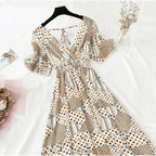 Summer Women Ruffled Short-sleeved Chiffon Dress V-neck High Waist Floral Print Beach Midi Dresses For Women Stevvex