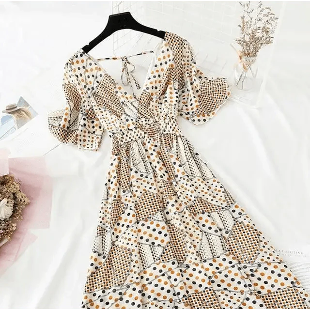 Summer Women Ruffled Short-sleeved Chiffon Dress V-neck High Waist Floral Print Beach Midi Dresses For Women Stevvex