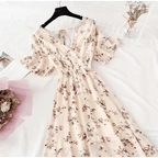 Summer Women Ruffled Short-sleeved Chiffon Dress V-neck High Waist Floral Print Beach Midi Dresses For Women Stevvex