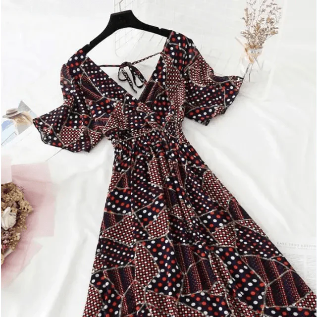 Summer Women Ruffled Short-sleeved Chiffon Dress V-neck High Waist Floral Print Beach Midi Dresses For Women Stevvex