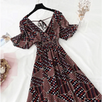 Summer Women Ruffled Short-sleeved Chiffon Dress V-neck High Waist Floral Print Beach Midi Dresses For Women Stevvex