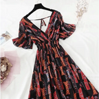 Summer Women Ruffled Short-sleeved Chiffon Dress V-neck High Waist Floral Print Beach Midi Dresses For Women Stevvex