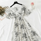 Summer Women Ruffled Short-sleeved Chiffon Dress V-neck High Waist Floral Print Beach Midi Dresses For Women Stevvex