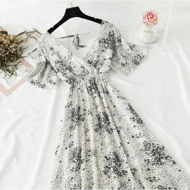 Summer Women Ruffled Short-sleeved Chiffon Dress V-neck High Waist Floral Print Beach Midi Dresses For Women Stevvex