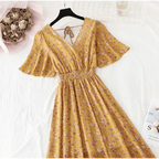 Summer Women Ruffled Short-sleeved Chiffon Dress V-neck High Waist Floral Print Beach Midi Dresses For Women Stevvex