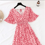Summer Women Ruffled Short-sleeved Chiffon Dress V-neck High Waist Floral Print Beach Midi Dresses For Women Stevvex