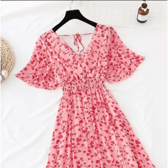 Summer Women Ruffled Short-sleeved Chiffon Dress V-neck High Waist Floral Print Beach Midi Dresses For Women Stevvex