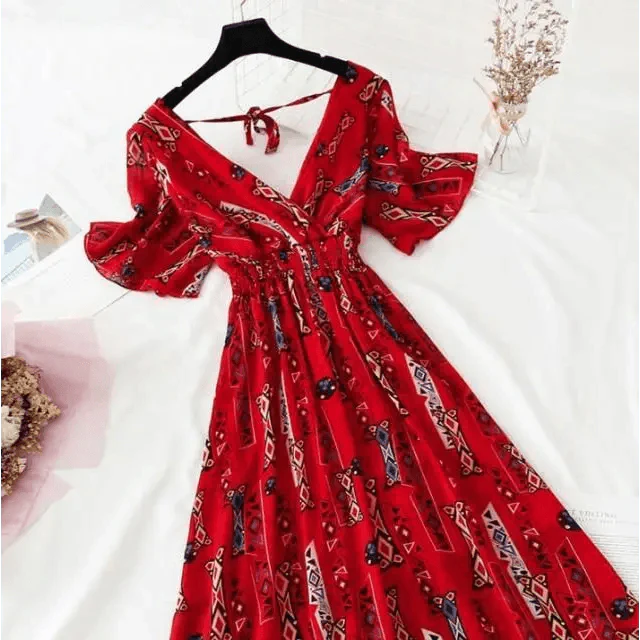Summer Women Ruffled Short-sleeved Chiffon Dress V-neck High Waist Floral Print Beach Midi Dresses For Women Stevvex