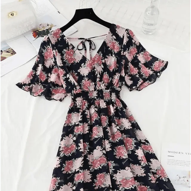 Summer Women Ruffled Short-sleeved Chiffon Dress V-neck High Waist Floral Print Beach Midi Dresses For Women Stevvex