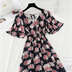 Summer Women Ruffled Short-sleeved Chiffon Dress V-neck High Waist Floral Print Beach Midi Dresses For Women Stevvex