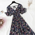 Summer Women Ruffled Short-sleeved Chiffon Dress V-neck High Waist Floral Print Beach Midi Dresses For Women Stevvex