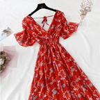 Summer Women Ruffled Short-sleeved Chiffon Dress V-neck High Waist Floral Print Beach Midi Dresses For Women Stevvex