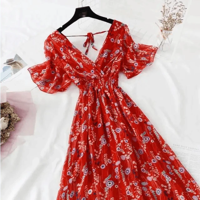 Summer Women Ruffled Short-sleeved Chiffon Dress V-neck High Waist Floral Print Beach Midi Dresses For Women Stevvex