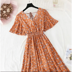 Summer Women Ruffled Short-sleeved Chiffon Dress V-neck High Waist Floral Print Beach Midi Dresses For Women Stevvex