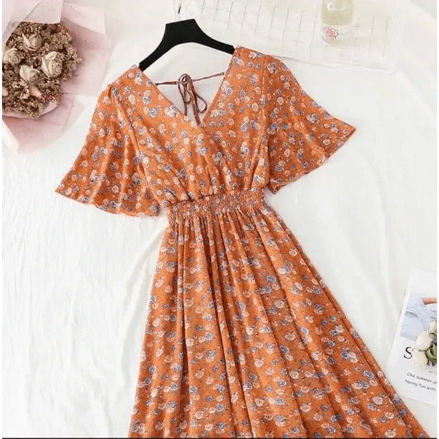 Summer Women Ruffled Short-sleeved Chiffon Dress V-neck High Waist Floral Print Beach Midi Dresses For Women Stevvex