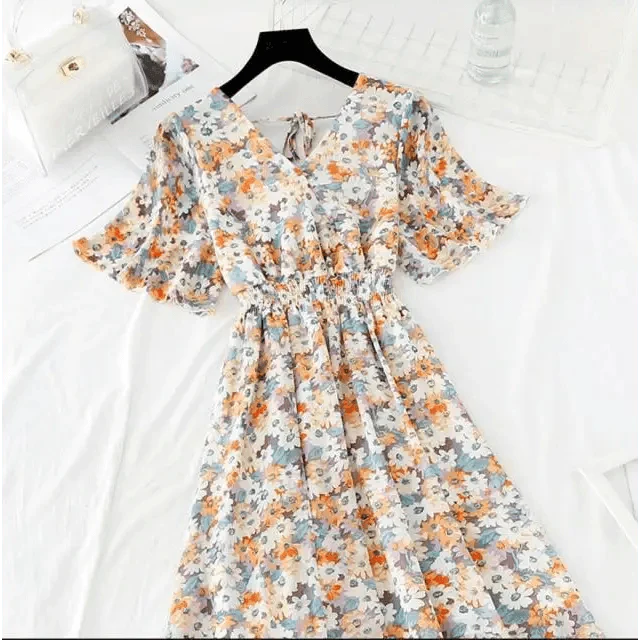 Summer Women Ruffled Short-sleeved Chiffon Dress V-neck High Waist Floral Print Beach Midi Dresses For Women Stevvex