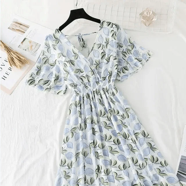 Summer Women Ruffled Short-sleeved Chiffon Dress V-neck High Waist Floral Print Beach Midi Dresses For Women Stevvex