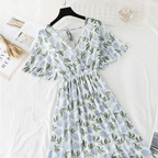 Summer Women Ruffled Short-sleeved Chiffon Dress V-neck High Waist Floral Print Beach Midi Dresses For Women Stevvex