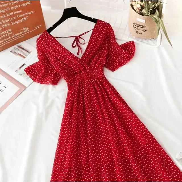 Summer Women Ruffled Short-sleeved Chiffon Dress V-neck High Waist Floral Print Beach Midi Dresses For Women Stevvex