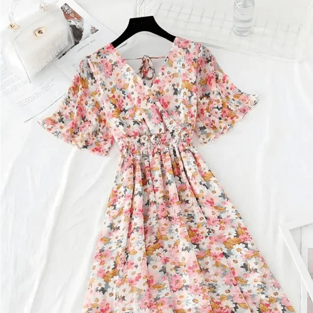 Summer Women Ruffled Short-sleeved Chiffon Dress V-neck High Waist Floral Print Beach Midi Dresses For Women Stevvex