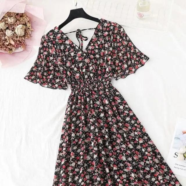 Summer Women Ruffled Short-sleeved Chiffon Dress V-neck High Waist Floral Print Beach Midi Dresses For Women Stevvex