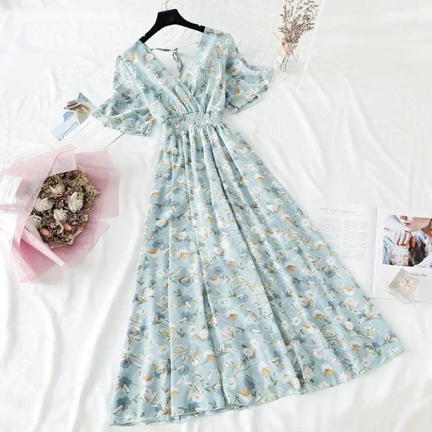 Summer Women Ruffled Short-sleeved Chiffon Dress V-neck High Waist Floral Print Beach Midi Dresses For Women Stevvex