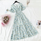 Summer Women Ruffled Short-sleeved Chiffon Dress V-neck High Waist Floral Print Beach Midi Dresses For Women Stevvex