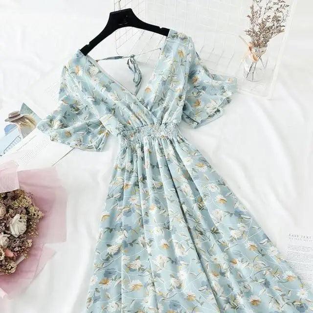 Summer Women Ruffled Short-sleeved Chiffon Dress V-neck High Waist Floral Print Beach Midi Dresses For Women Stevvex