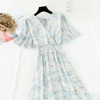 Summer Women Ruffled Short-sleeved Chiffon Dress V-neck High Waist Floral Print Beach Midi Dresses For Women Stevvex
