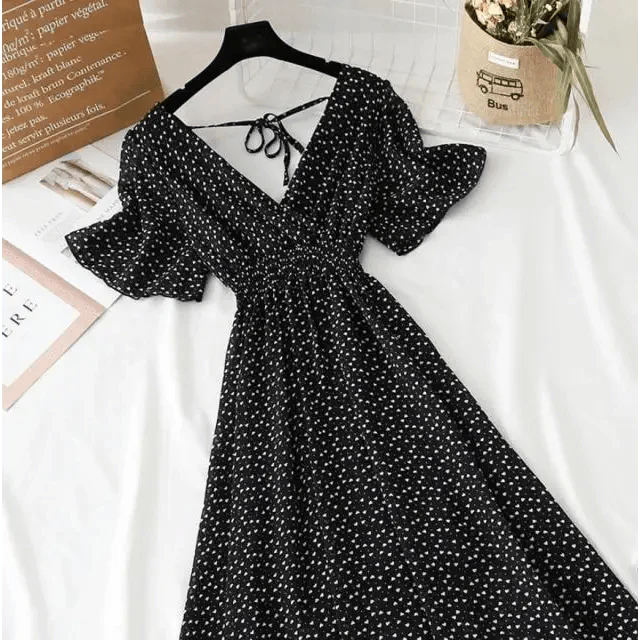 Summer Women Ruffled Short-sleeved Chiffon Dress V-neck High Waist Floral Print Beach Midi Dresses For Women Stevvex