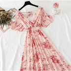 Summer Women Ruffled Short-sleeved Chiffon Dress V-neck High Waist Floral Print Beach Midi Dresses For Women Stevvex
