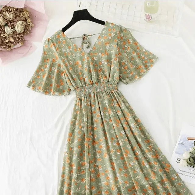 Summer Women Ruffled Short-sleeved Chiffon Dress V-neck High Waist Floral Print Beach Midi Dresses For Women Stevvex