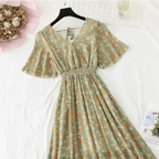 Summer Women Ruffled Short-sleeved Chiffon Dress V-neck High Waist Floral Print Beach Midi Dresses For Women Stevvex
