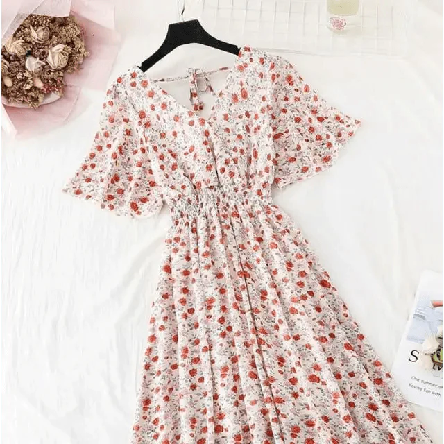 Summer Women Ruffled Short-sleeved Chiffon Dress V-neck High Waist Floral Print Beach Midi Dresses For Women Stevvex