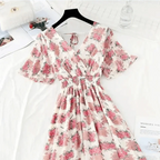 Summer Women Ruffled Short-sleeved Chiffon Dress V-neck High Waist Floral Print Beach Midi Dresses For Women Stevvex