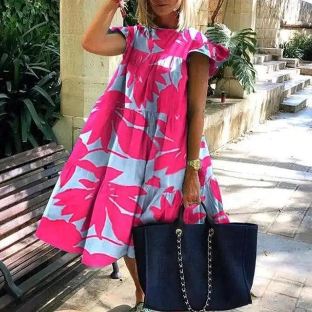 Women Retro Loose Casual Round Neck Short Sleeve Dress - Cute Fashion Dresses For Women Stevvex