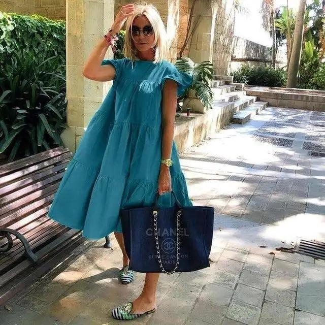 Women Retro Loose Casual Round Neck Short Sleeve Dress - Cute Fashion Dresses For Women Stevvex