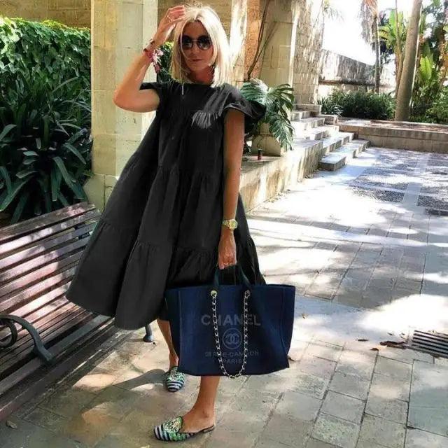 Women Retro Loose Casual Round Neck Short Sleeve Dress - Cute Fashion Dresses For Women Stevvex