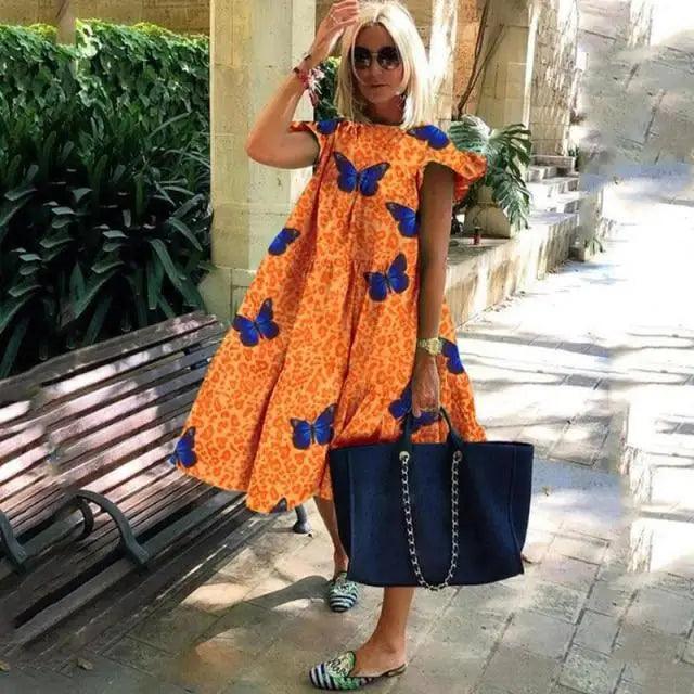 Women Retro Loose Casual Round Neck Short Sleeve Dress - Cute Fashion Dresses For Women Stevvex