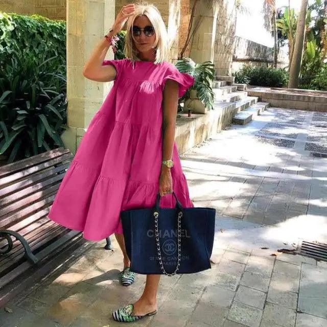 Women Retro Loose Casual Round Neck Short Sleeve Dress - Cute Fashion Dresses For Women Stevvex