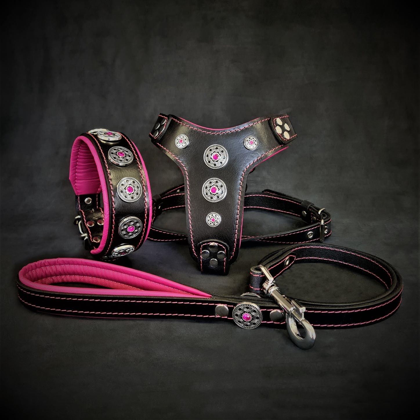 The ''Bijou'' SET -  Collar, Harness, Leash. Pink - SJB-DIAMOND ELITES