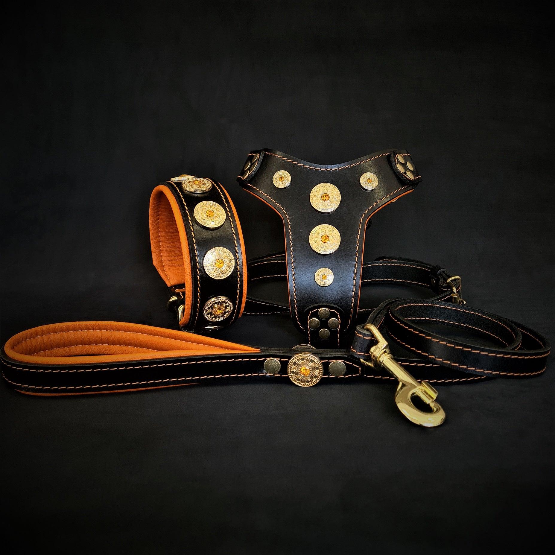 The ''Bijou'' SET -  Collar, Harness, Leash. Orange - SJB-DIAMOND ELITES