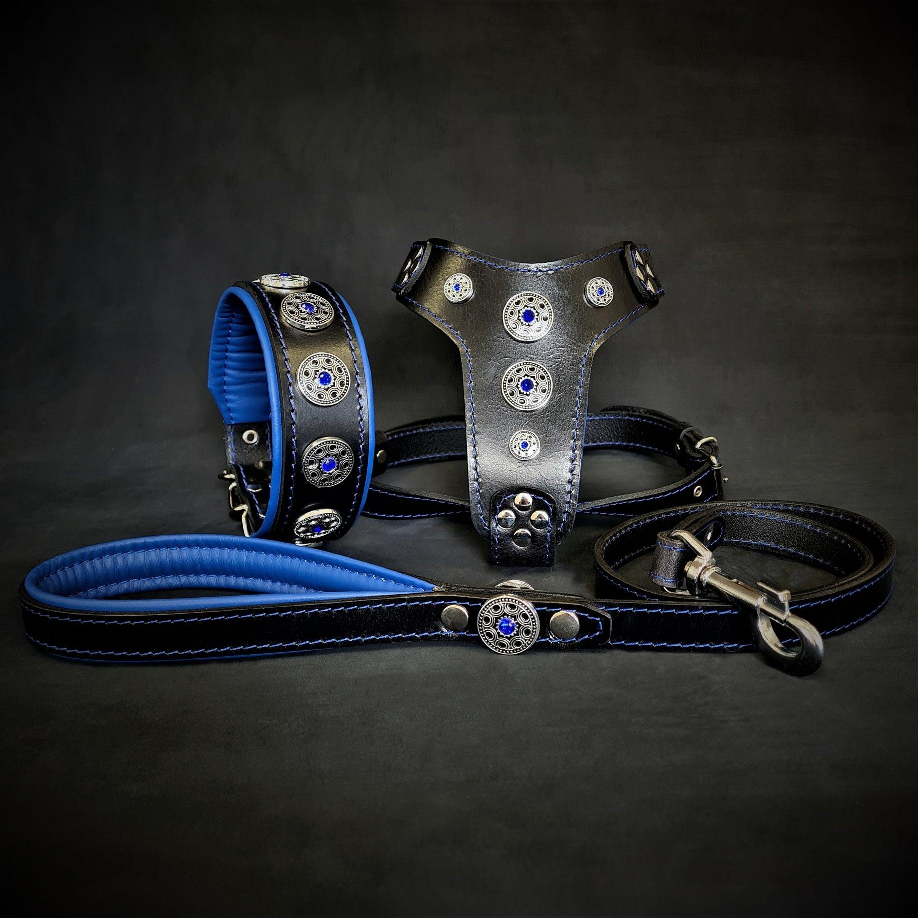 The ''Bijou'' SET -  Collar, Harness, Leash. Blue - SJB-DIAMOND ELITES