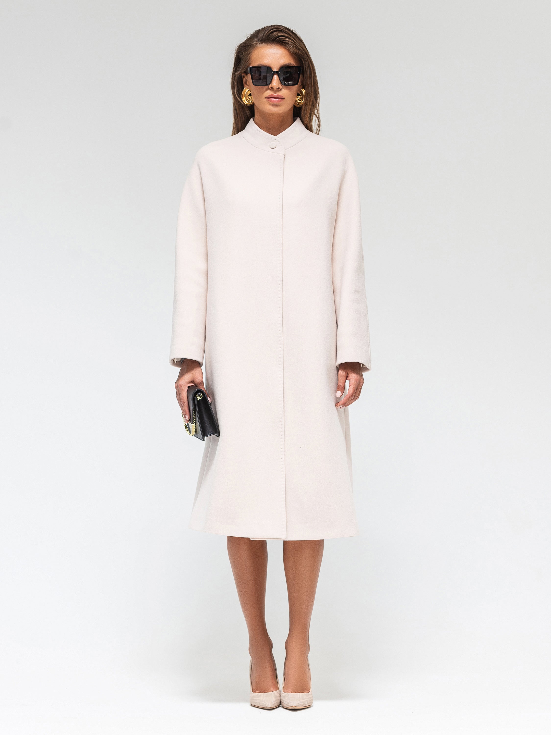 Band Collar Wool Blend Coat in Ivory - SJB-DIAMOND ELITES