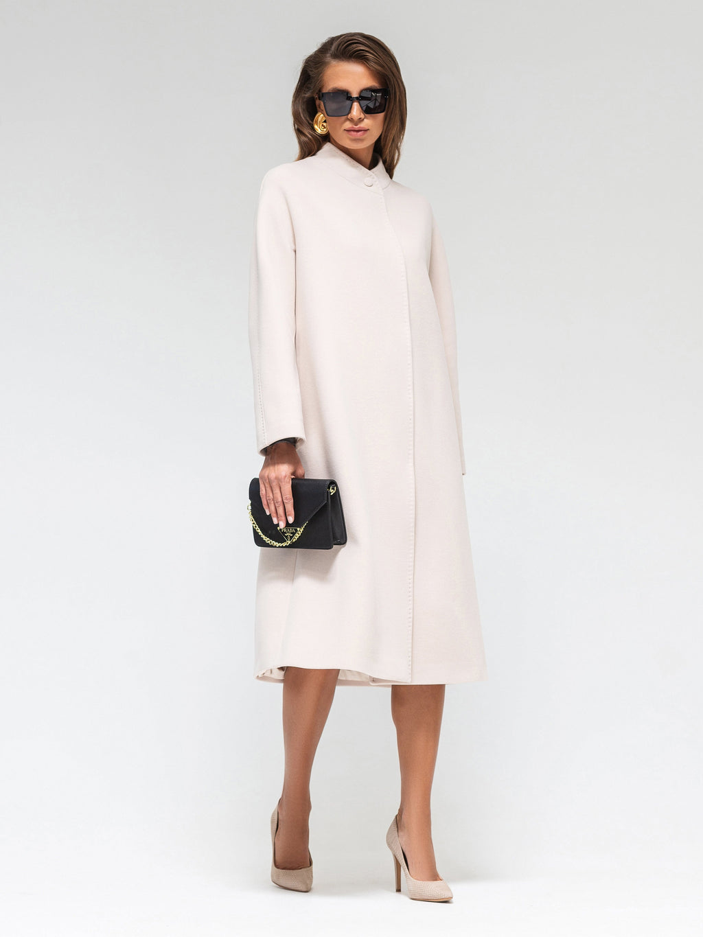 Band Collar Wool Blend Coat in Ivory - SJB-DIAMOND ELITES