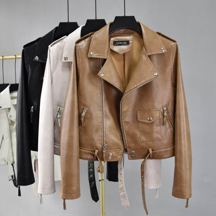 Cropped Hem Belt Snakeskin Leather Biker Jacket Pi-Mart