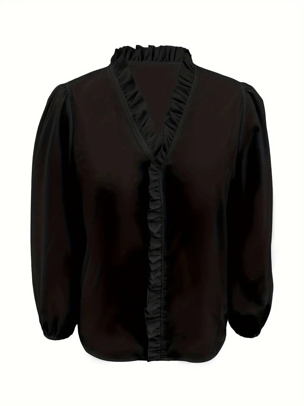 Pure Color Ruffle Hemline Shirt, Casual V-neck Long Sleeve Shirt. - SJB-DIAMOND ELITES