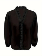 Pure Color Ruffle Hemline Shirt, Casual V-neck Long Sleeve Shirt. - SJB-DIAMOND ELITES